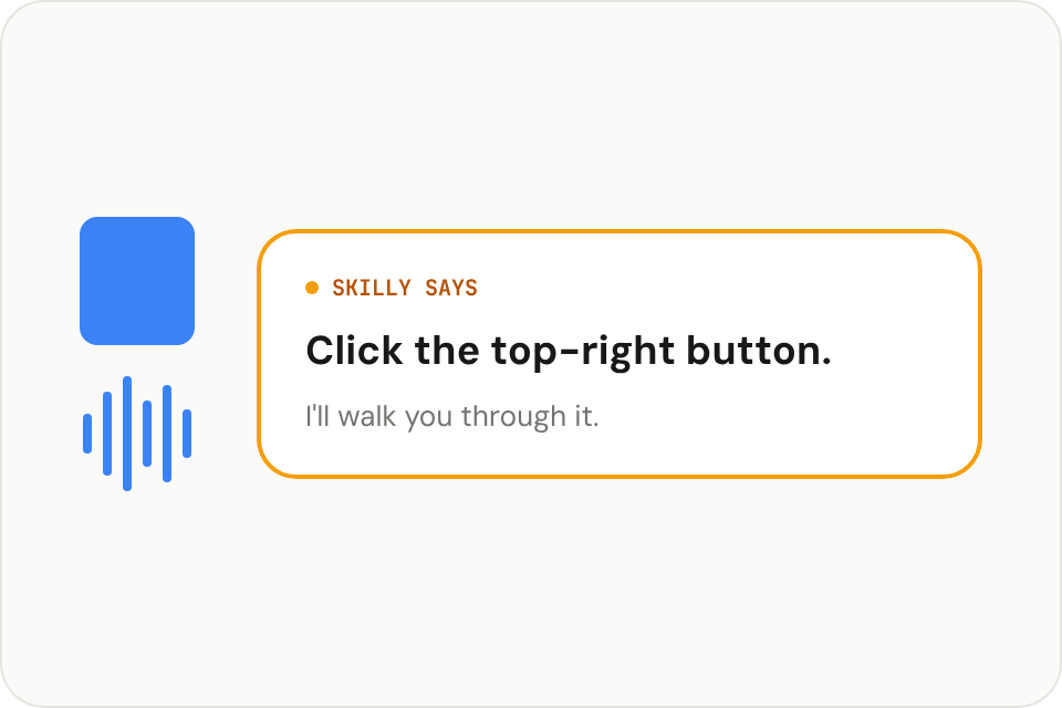 Skilly's cursor with a blue waveform and a floating transcript bubble showing the spoken answer