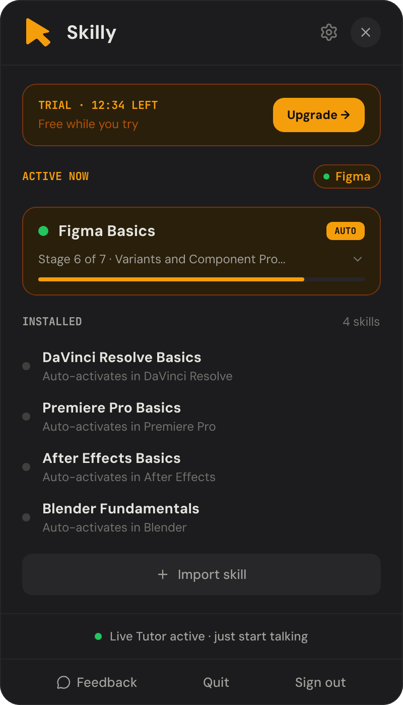 The Skilly menu bar panel showing the Figma Basics skill active with curriculum stage progress