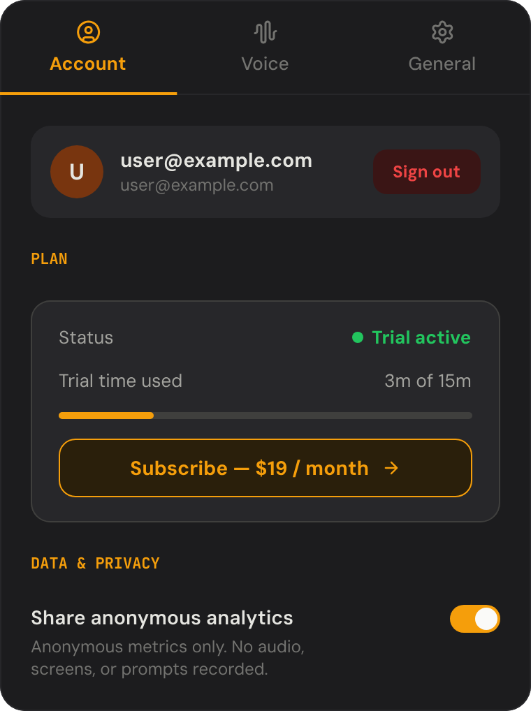 The Skilly settings panel showing the Plan card with trial status, usage meter, and Subscribe button